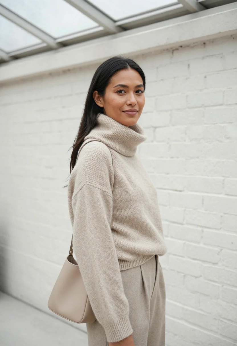 AI lemaire belleville studio oatmeal knit sample — portrait of a woman, a Vietnamese-French woman in her late t