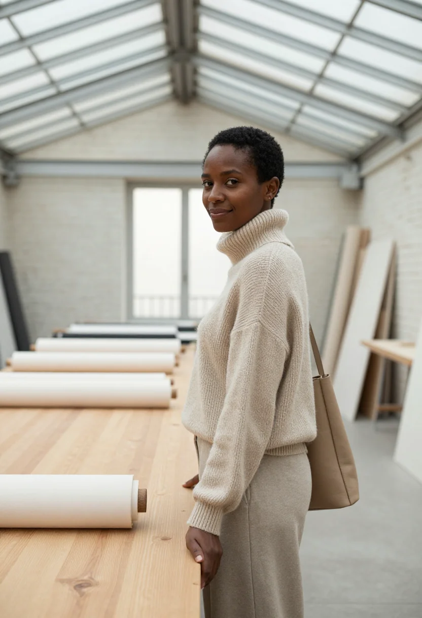AI lemaire belleville studio oatmeal knit sample — portrait of a woman, a Malian-French woman in her mid-thirti