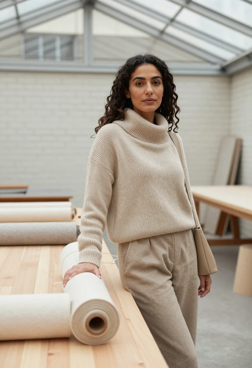 AI lemaire belleville studio oatmeal knit sample — portrait of a woman, a Moroccan-French woman in her early th