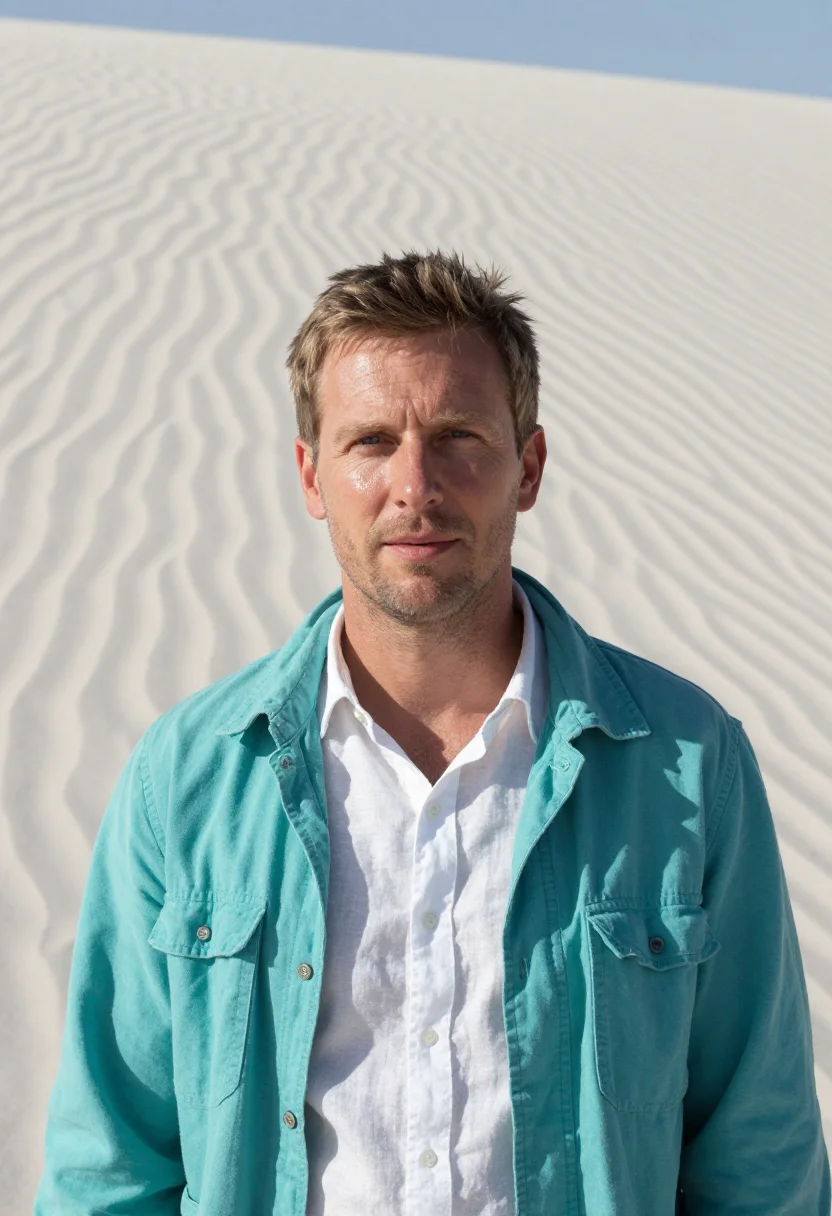 AI lencois maranhenses geologist white dune lagoon sample — portrait of a man, a Western-European geologist in his late