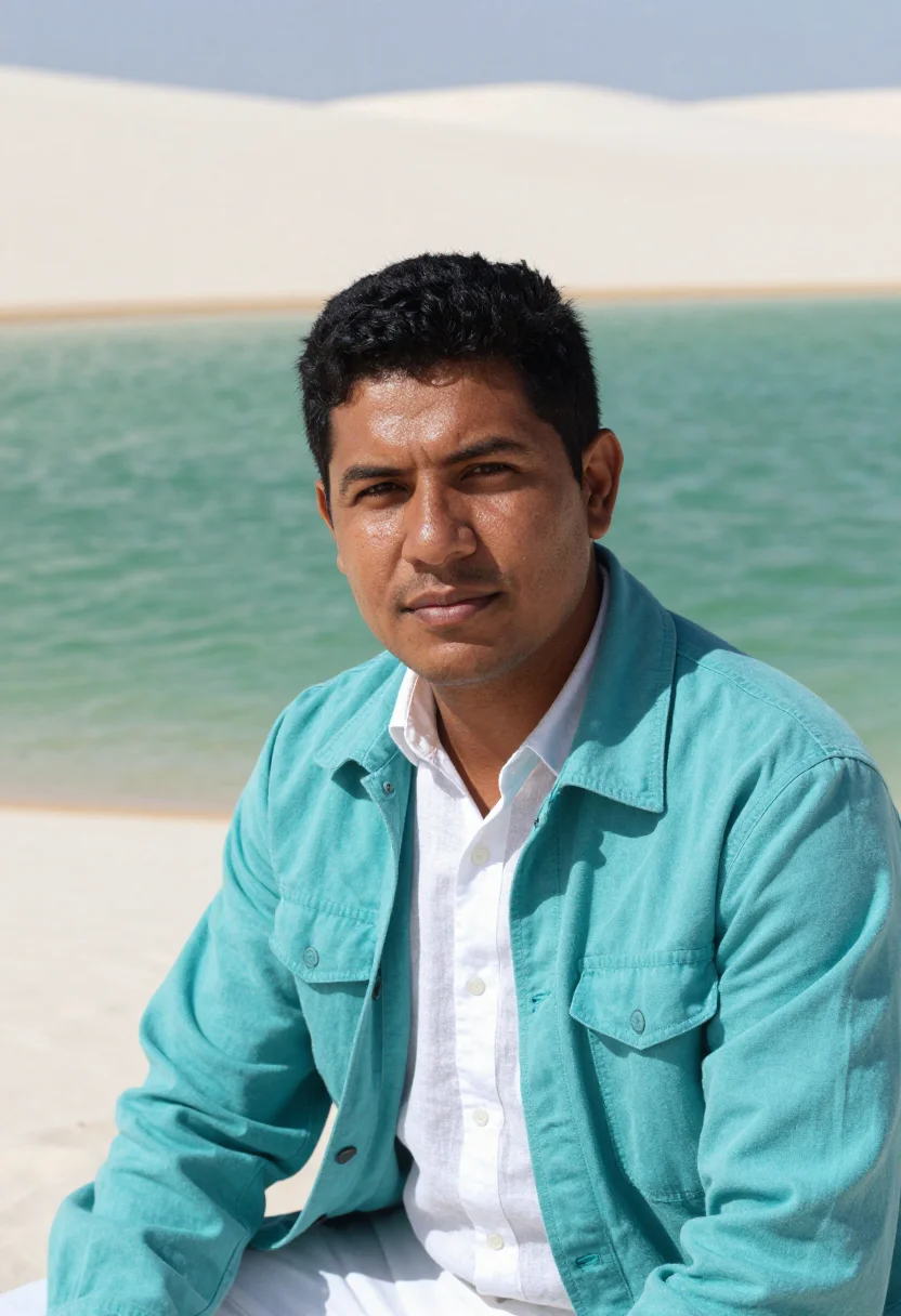AI lencois maranhenses geologist white dune lagoon sample — portrait of a man, a Brazilian geologist of mixed Indigenous