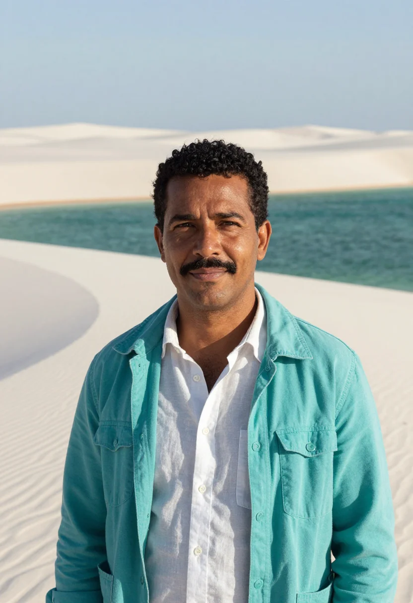 AI lencois maranhenses geologist white dune lagoon sample — portrait of a man, a Brazilian geologist of mixed African an