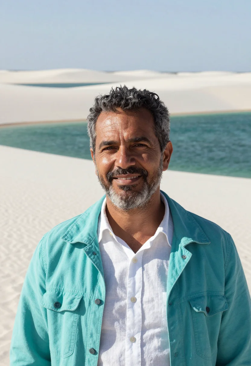 AI lencois maranhenses geologist white dune lagoon sample — portrait of a man, a Portuguese-Brazilian geologist in his l
