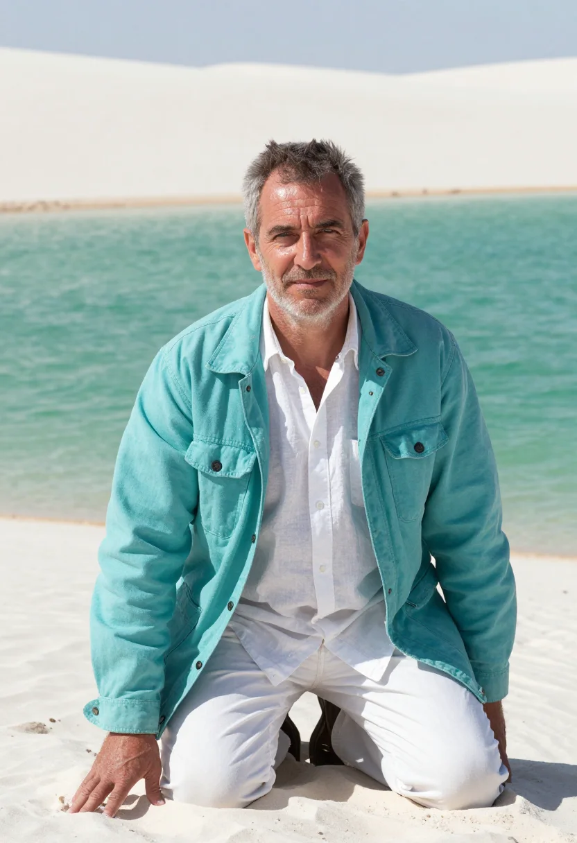 AI lencois maranhenses geologist white dune lagoon sample — portrait of a man, a Western-European geologist in his early