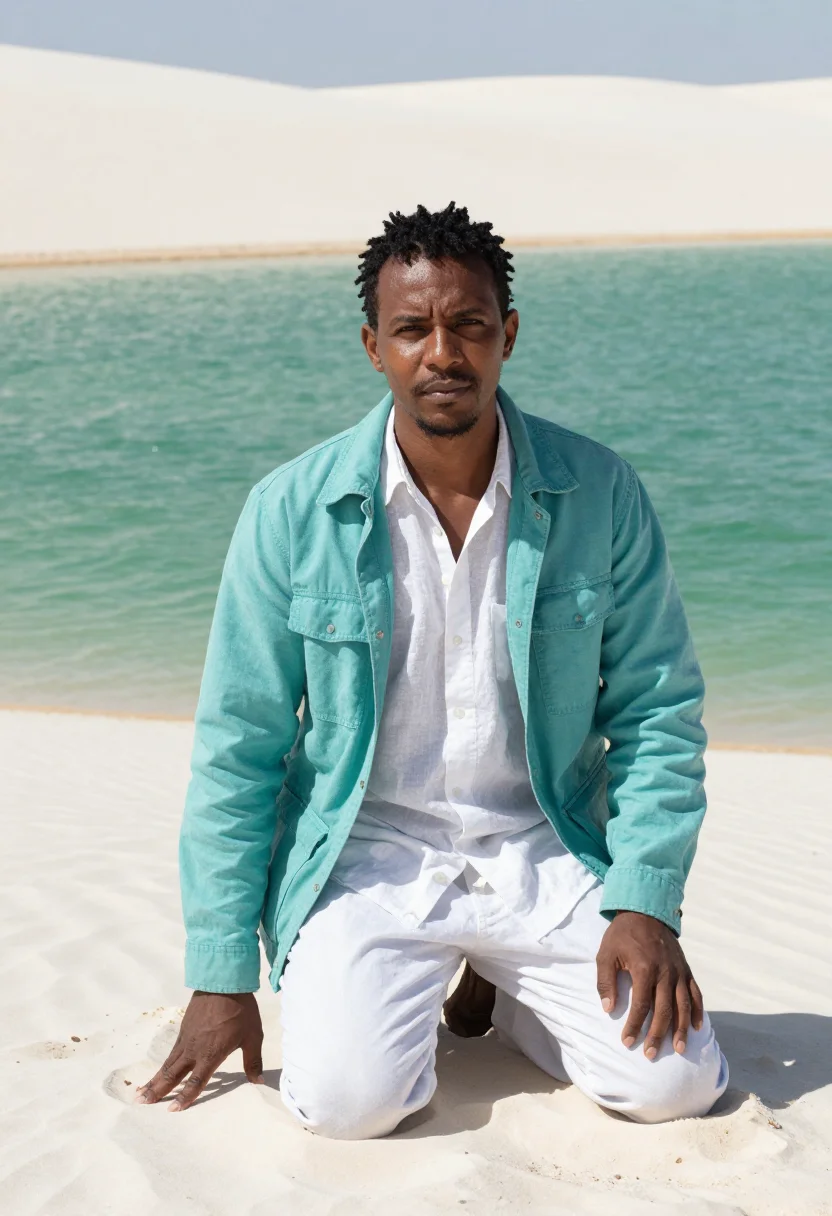 AI lencois maranhenses geologist white dune lagoon sample — portrait of a man, an Afro-Brazilian geologist in his early
