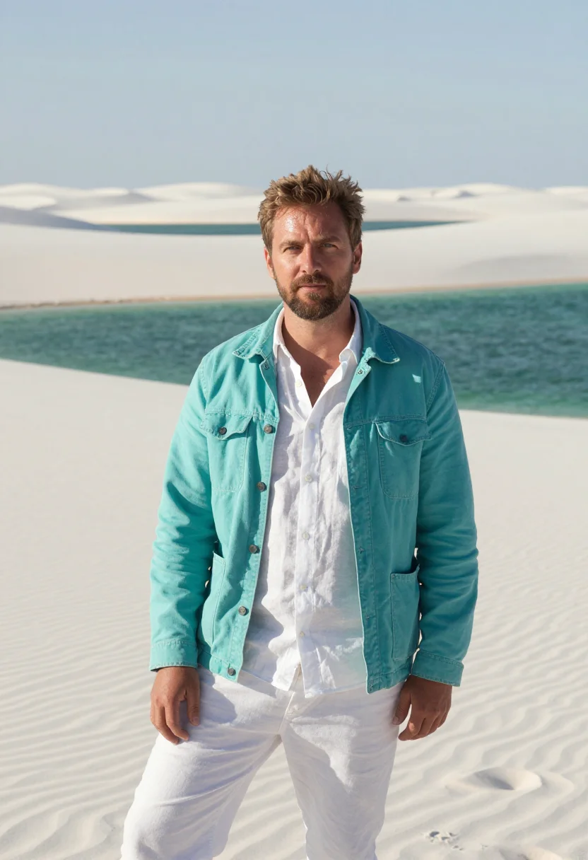 AI lencois maranhenses geologist white dune lagoon sample — portrait of a man, a Western-European geologist in his mid-f