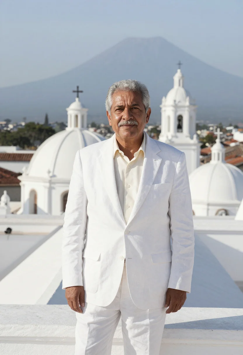 AI leon nicaragua professor cathedral white sample — portrait of a man, a Nicaraguan professor in his late sixtie