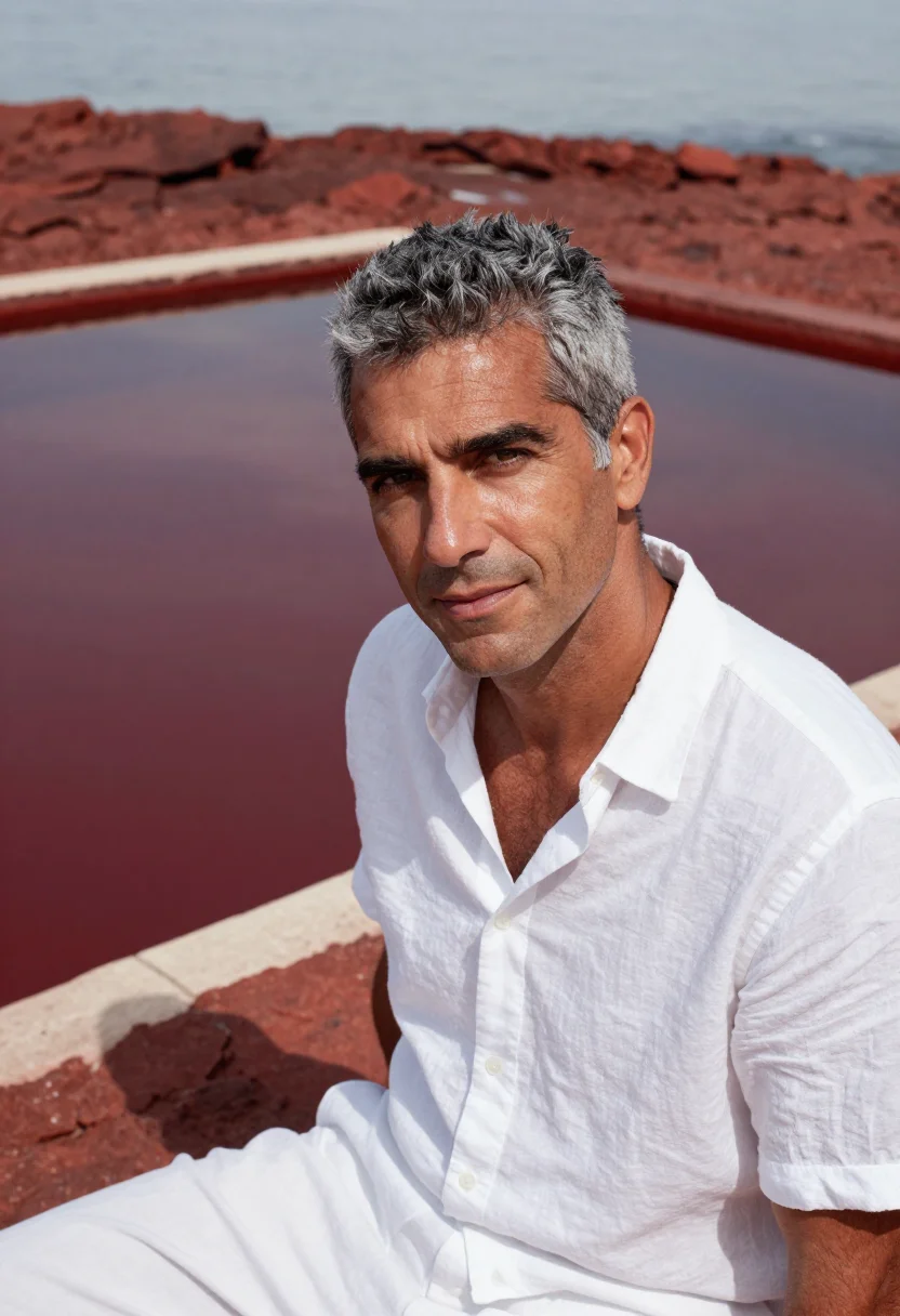 AI les roches rouges esterel red rock white sample — portrait of a man, a guest in his forties with tanned olive