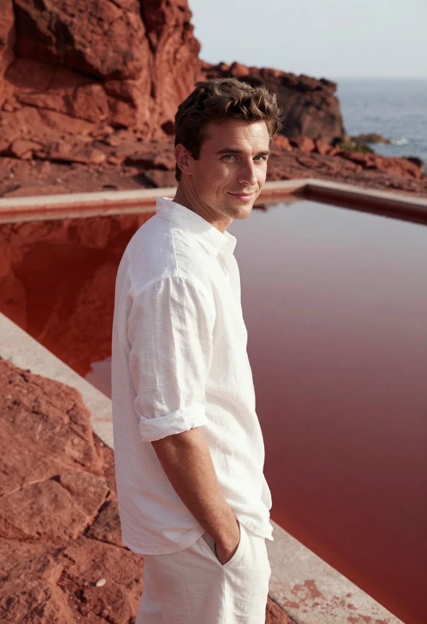 AI les roches rouges esterel red rock white sample — portrait of a man, a guest in his late twenties with fair sk