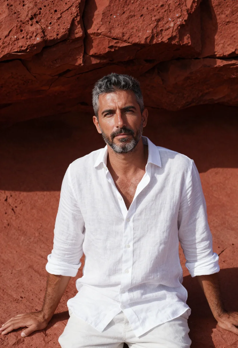 AI les roches rouges esterel red rock white sample — portrait of a man, a guest in his forties with tanned skin,