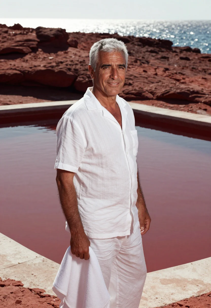 AI les roches rouges esterel red rock white sample — portrait of a man, a guest in his fifties with weathered oli