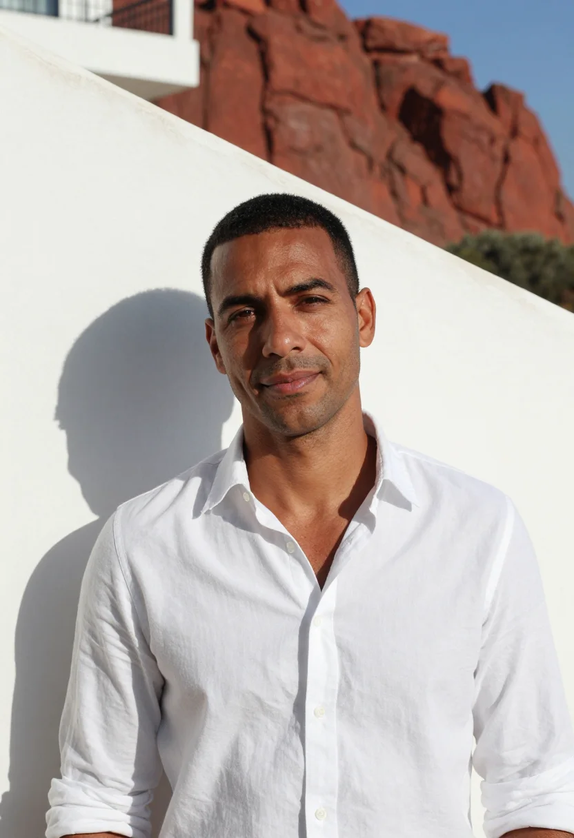 AI les roches rouges esterel red rock white sample — portrait of a man, a guest in his mid-thirties with deep bro