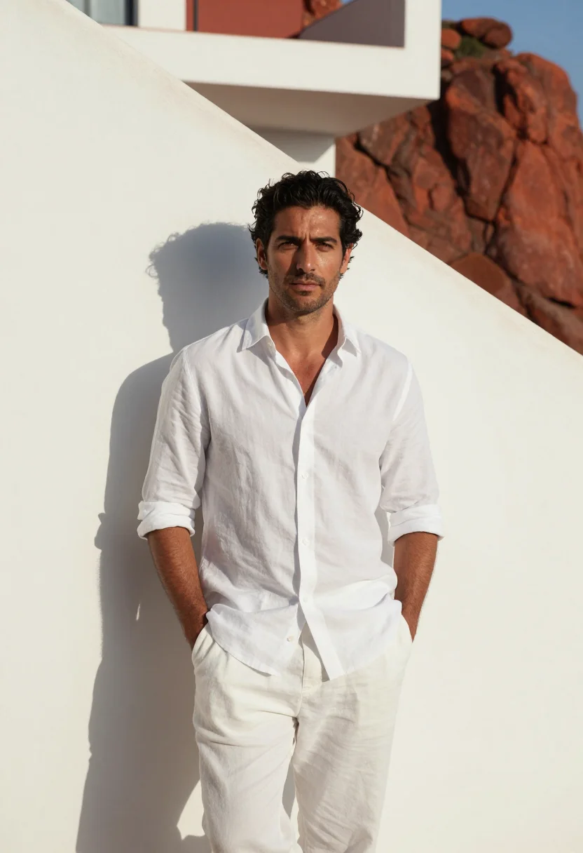 AI les roches rouges esterel red rock white sample — portrait of a man, a guest in his late thirties with warm ol