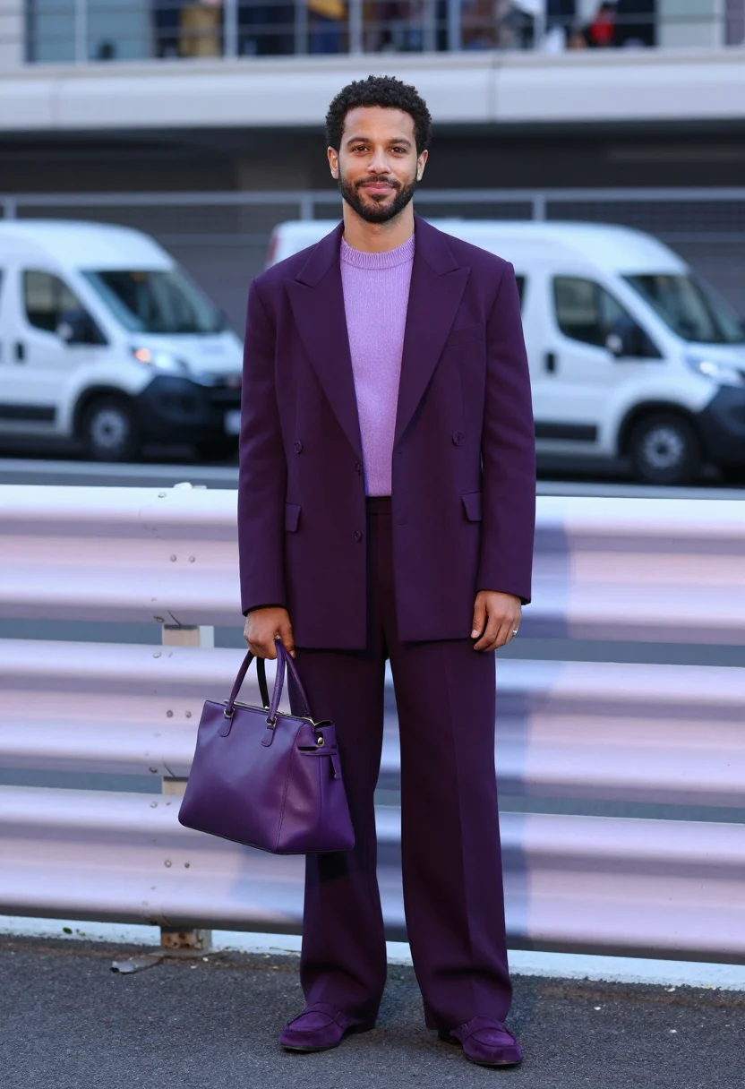 AI lewis hamilton monaco paddock tailoring purple sample — portrait of a man, a Brazilian man in his early thirties wit