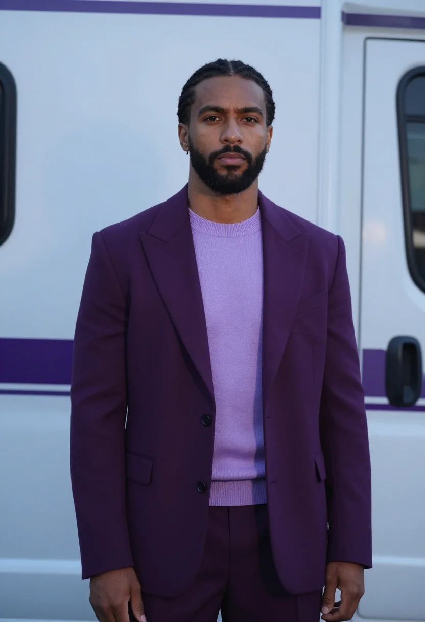 AI lewis hamilton monaco paddock tailoring purple sample — portrait of a man, a British man of mixed Caribbean and Engl