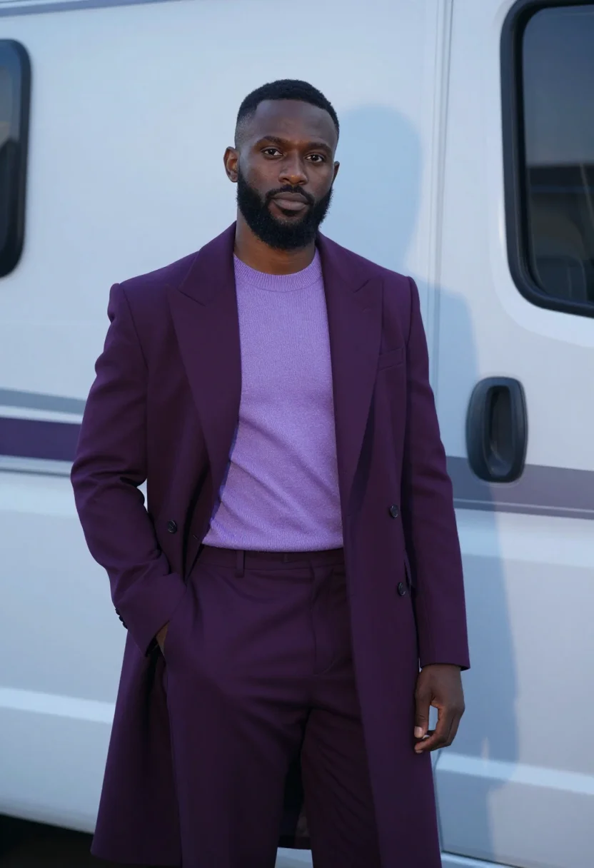 AI lewis hamilton monaco paddock tailoring purple sample — portrait of a man, a Ghanaian-British man in his mid-thirtie