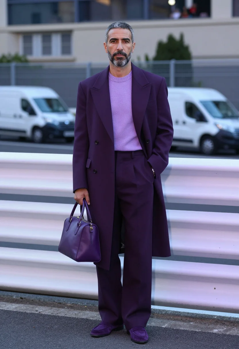 AI lewis hamilton monaco paddock tailoring purple sample — portrait of a man, a Spanish man in his early forties with o