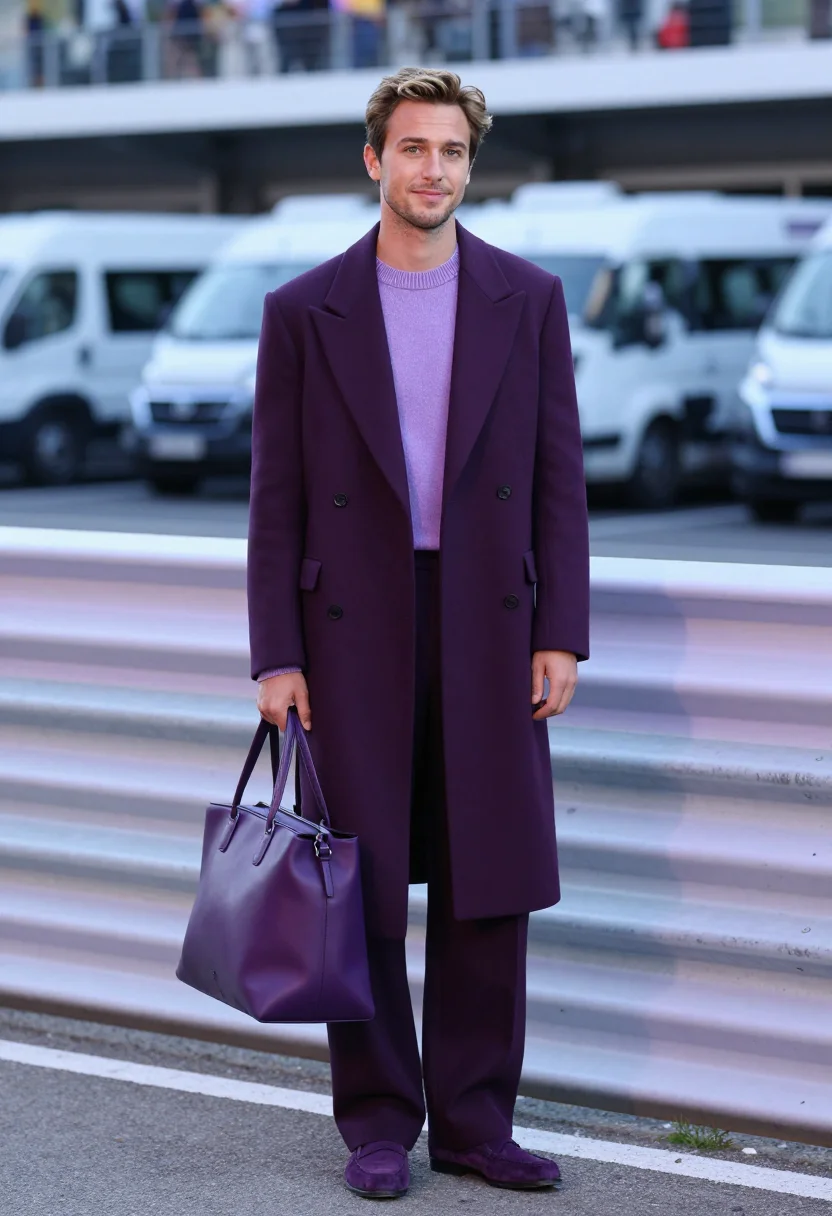 AI lewis hamilton monaco paddock tailoring purple sample — portrait of a man, a French man in his late twenties with fa