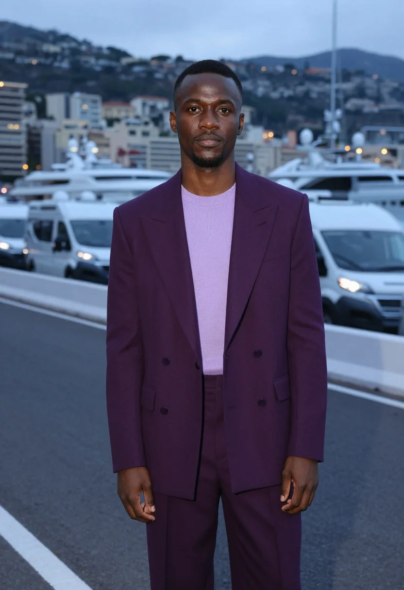AI lewis hamilton monaco paddock tailoring purple sample — portrait of a man, a Nigerian-British man in his late twenti