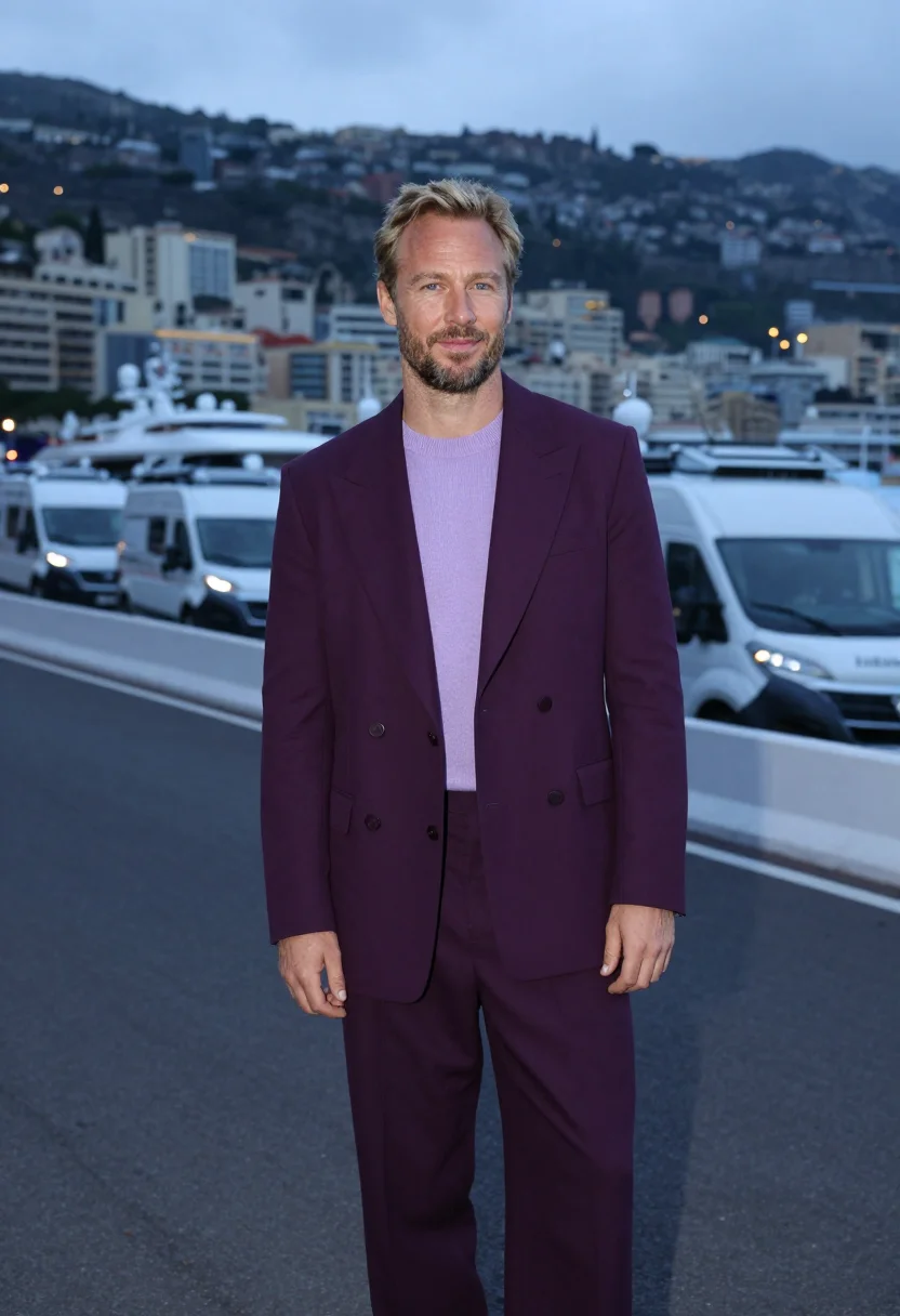 AI lewis hamilton monaco paddock tailoring purple sample — portrait of a man, a Dutch man in his mid-thirties with fair
