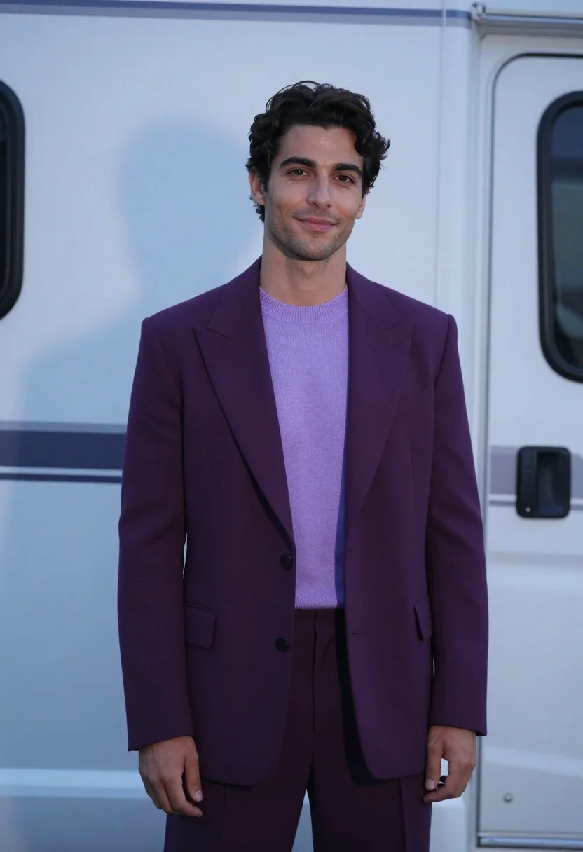AI lewis hamilton monaco paddock tailoring purple sample — portrait of a man, an Italian man in his early thirties with