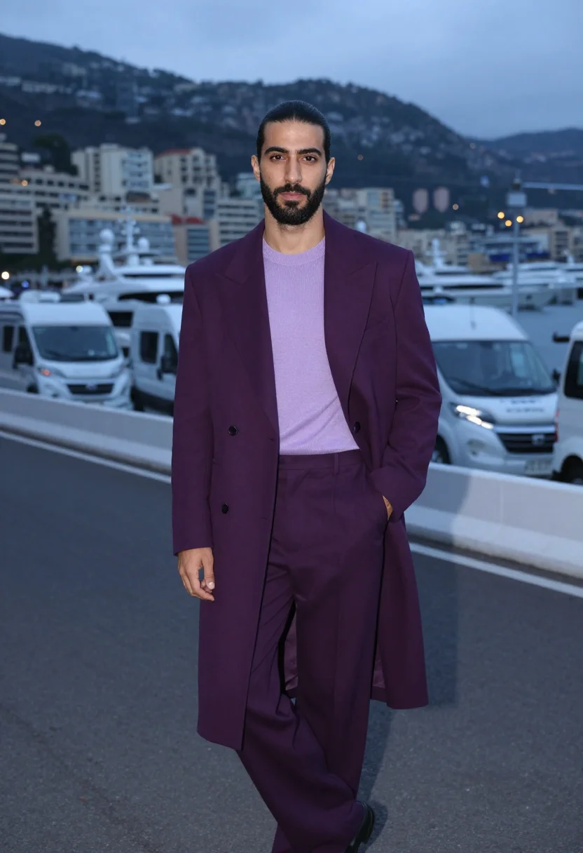 AI lewis hamilton monaco paddock tailoring purple sample — portrait of a man, a Lebanese man in his early thirties with