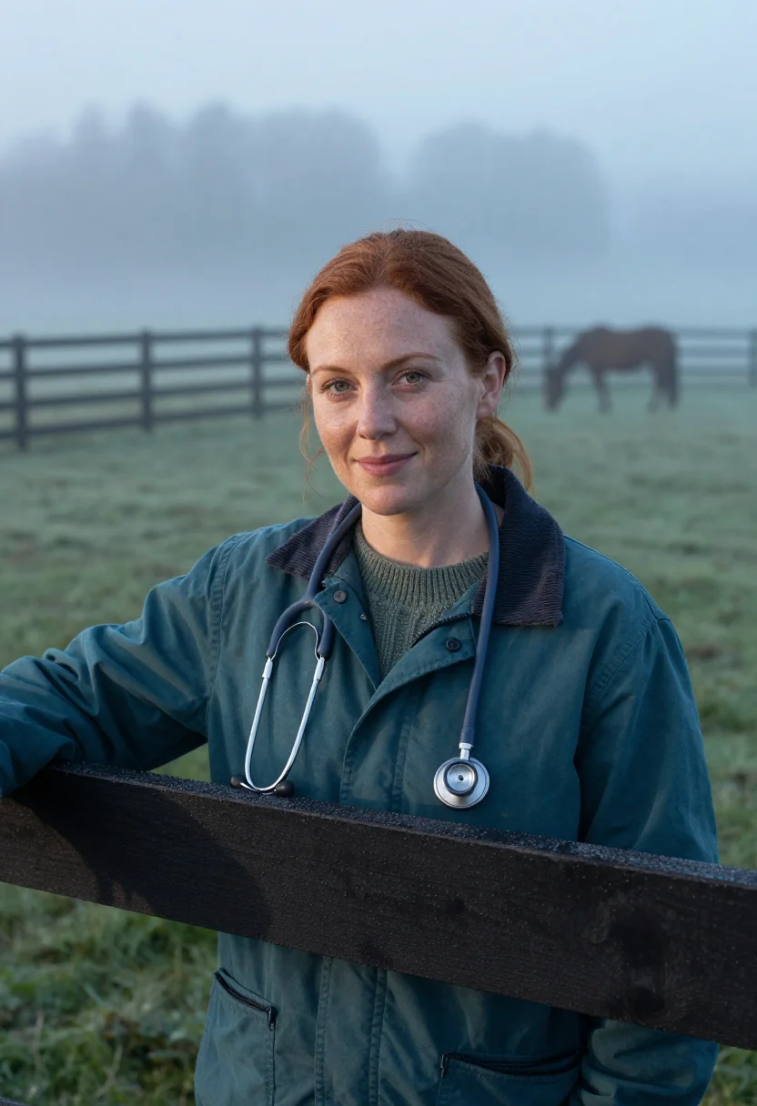 AI lexington equine vet bluegrass sample — portrait of a woman, framed chest-up, cropped at the ribs, t