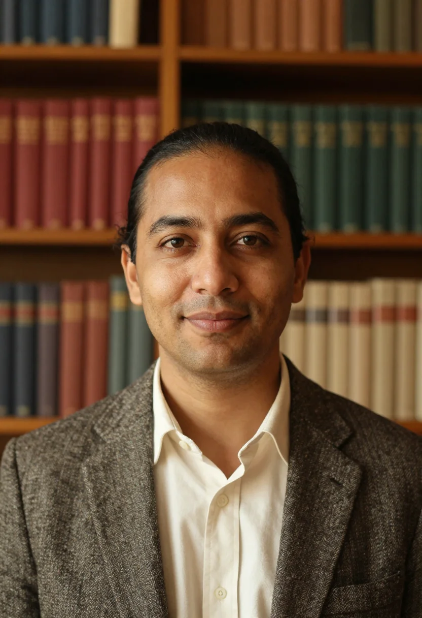 AI library shelves headshot sample — a head-and-shoulders frame of a man in his forties with warm