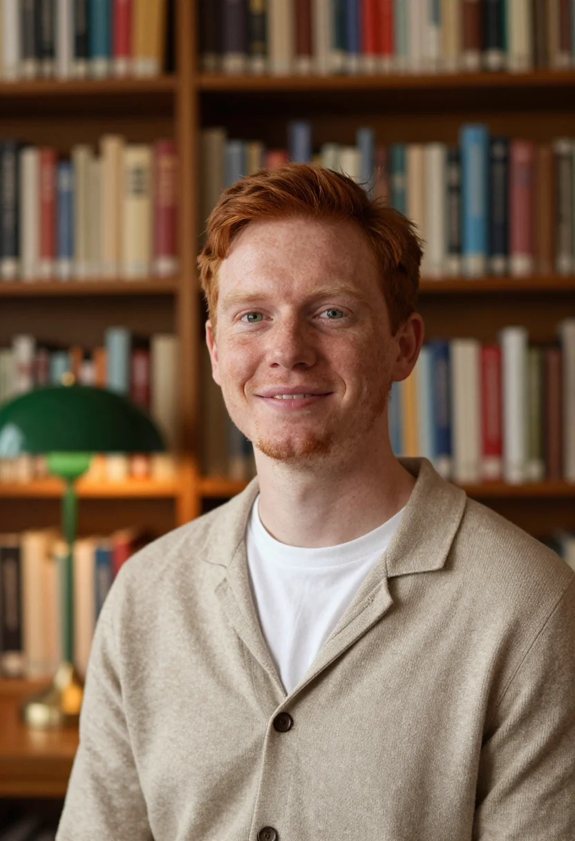 AI library shelves headshot sample — a slightly wider head-and-shoulders frame of a man in his mi