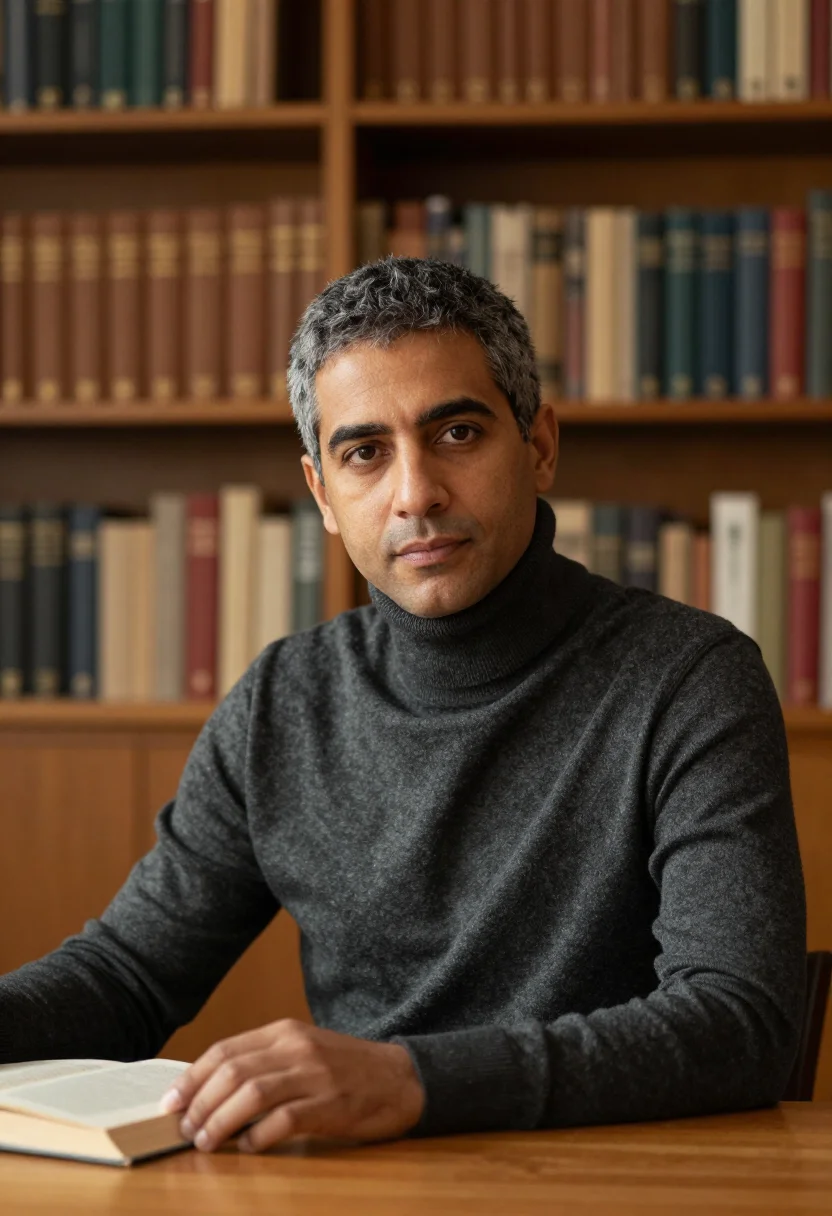 AI library shelves headshot sample — a chest-up frame of a man in his early fifties with golden-t