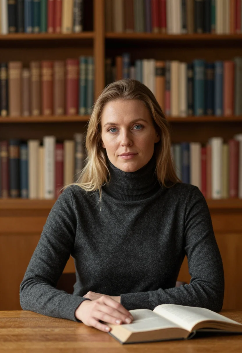 AI library shelves headshot sample — a wide chest-up frame of a woman in her thirties with fair s