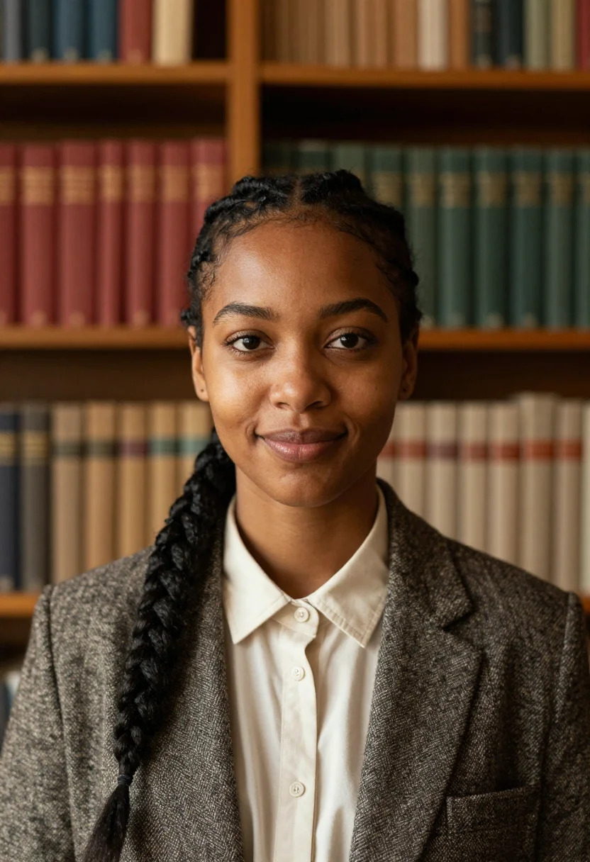 AI library shelves headshot sample — a tight head-and-shoulders frame of a woman in her early thi
