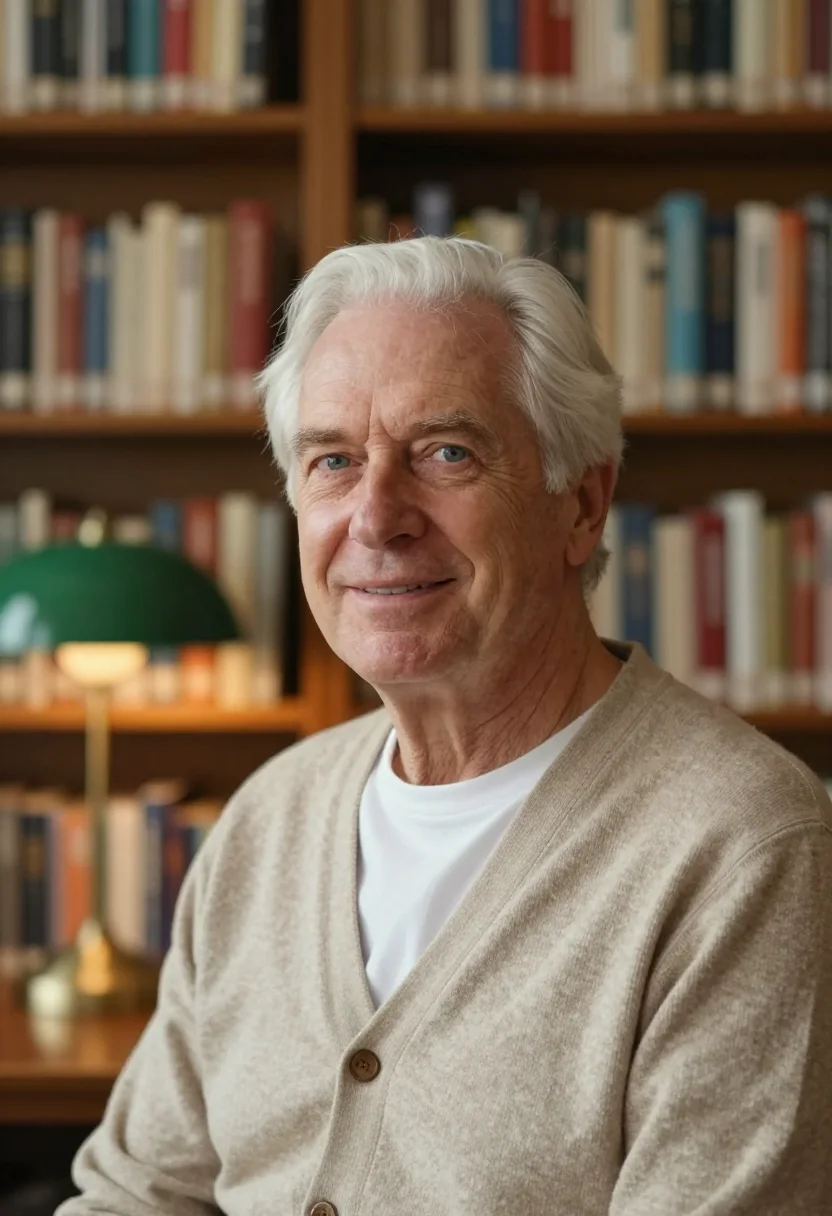 AI library shelves headshot sample — a head-and-shoulders frame of a man in his sixties with fair