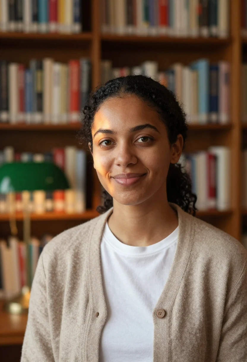 AI library shelves headshot sample — a head-and-shoulders frame of a woman in her late twenties w