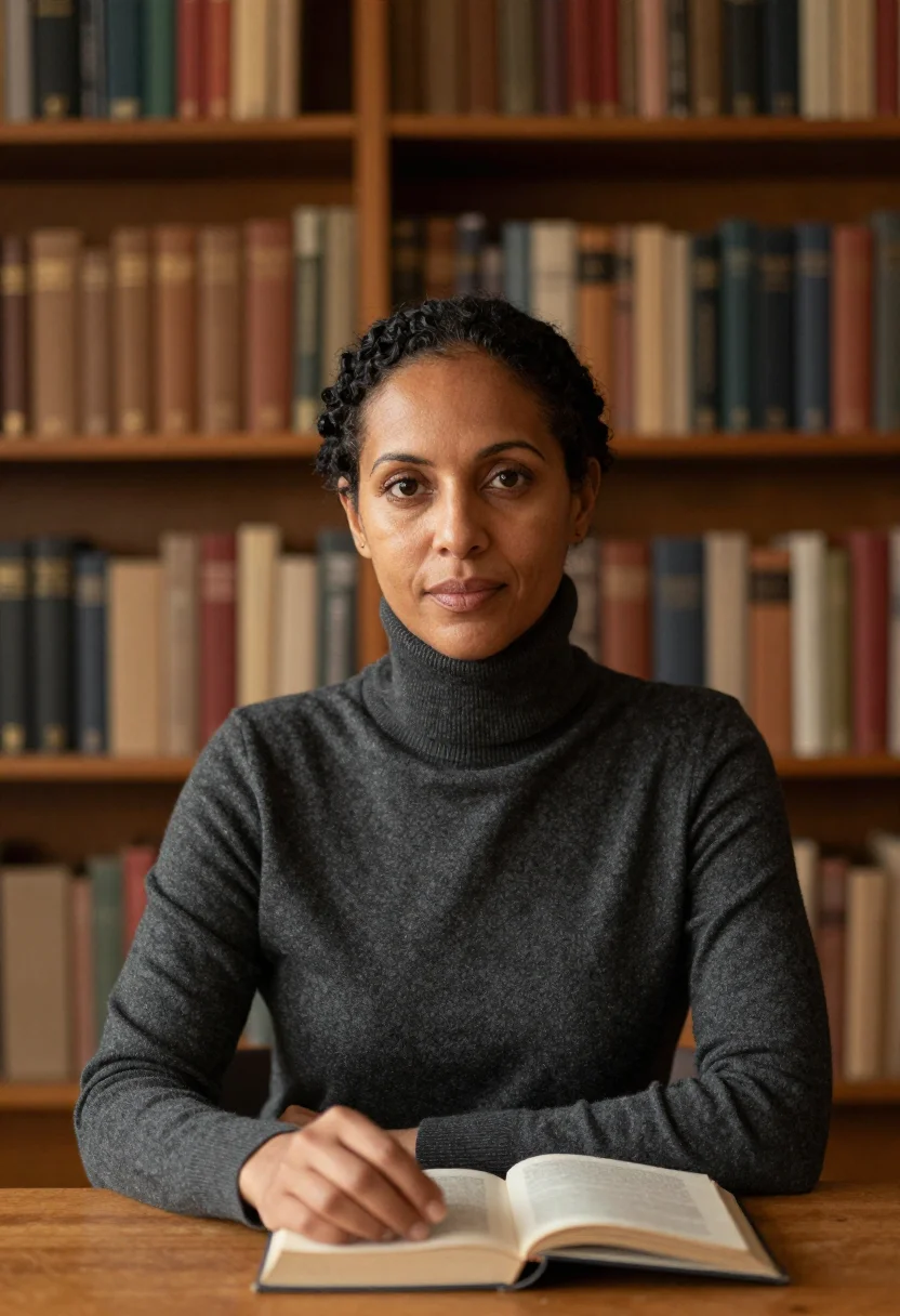 AI library shelves headshot sample — a chest-up frame of a woman in her forties with warm brown s