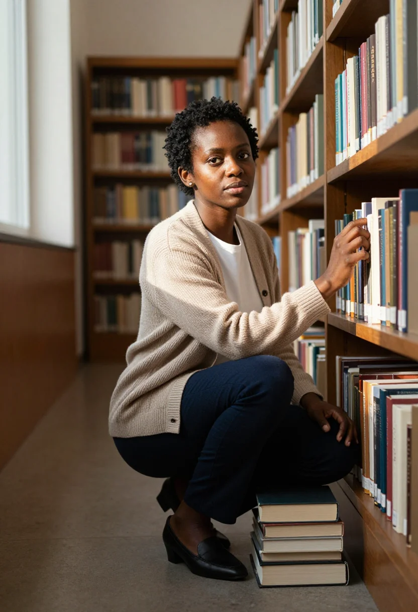 AI library sample — portrait of a woman, three-quarter crouching portrait of a B