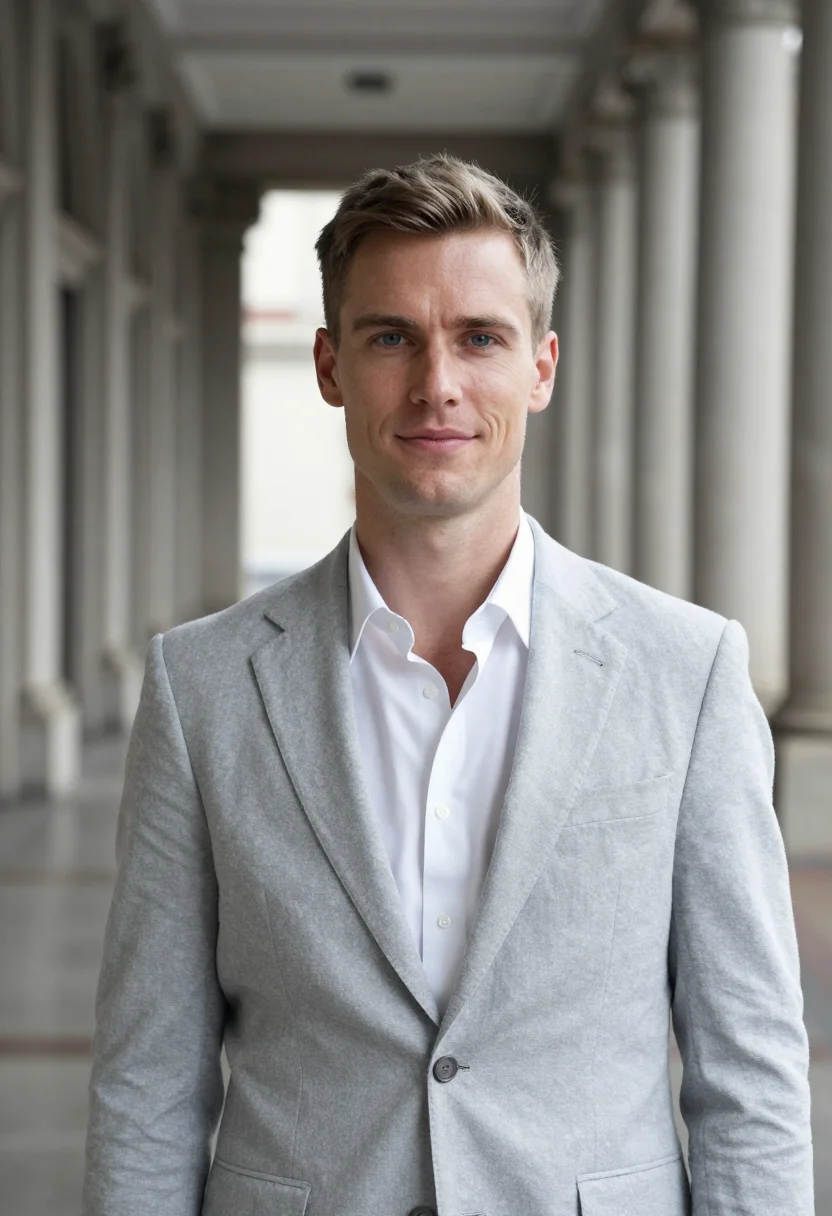 AI light grey suit open collar spring profile sample — portrait of a man, framed tight, head and shoulders, the bod