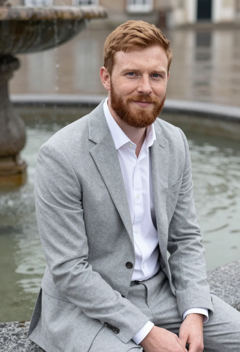 AI light grey suit open collar spring profile sample — portrait of a man, framed chest-up, cropped at the ribs, the