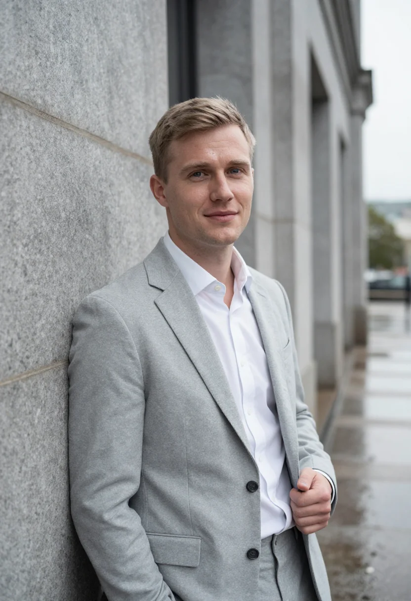 AI light grey suit open collar spring profile sample — portrait of a man, framed chest-up, cropped at the ribs, the