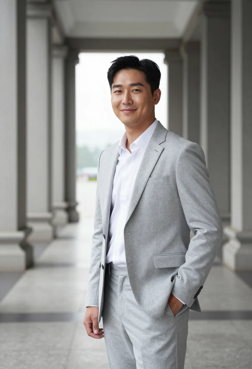 AI light grey suit open collar spring profile sample — portrait of a man, framed half-length, cropped at the hips,