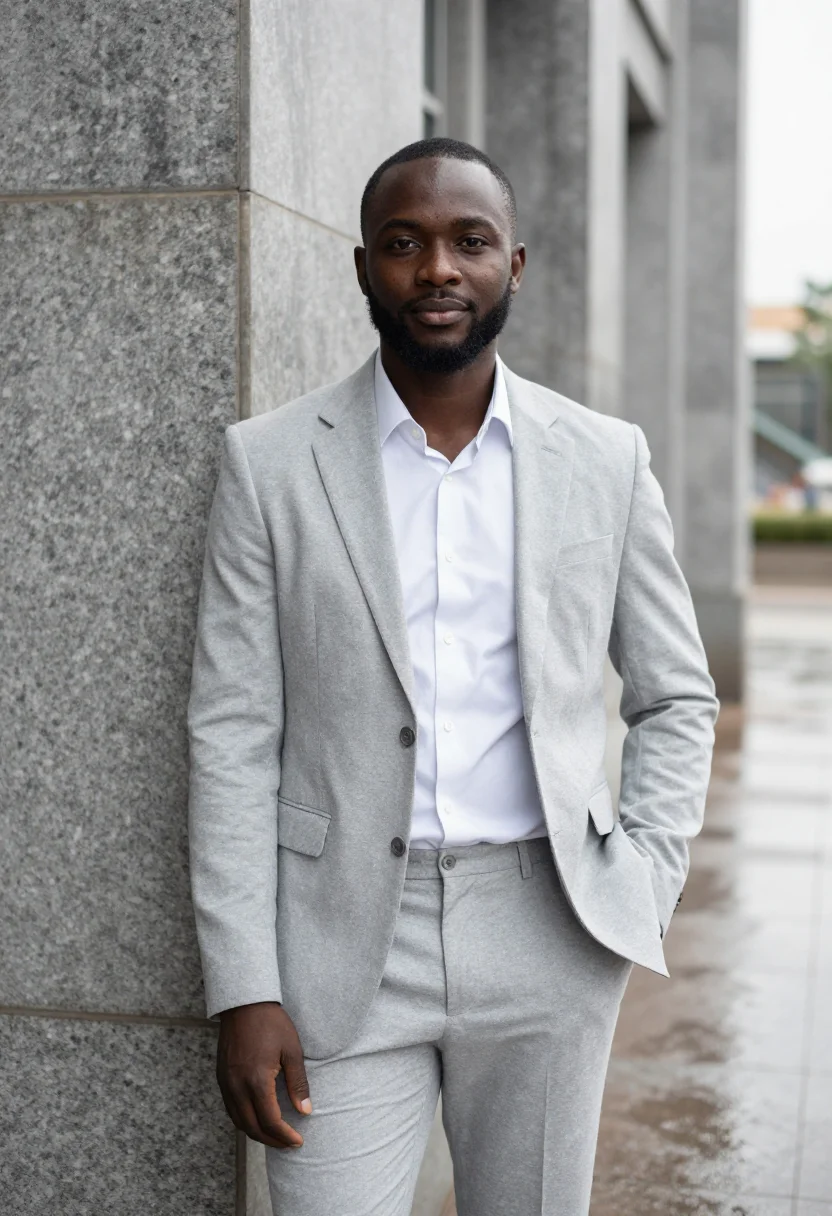 AI light grey suit open collar spring profile sample — portrait of a man, framed half-length, cropped at the hips,