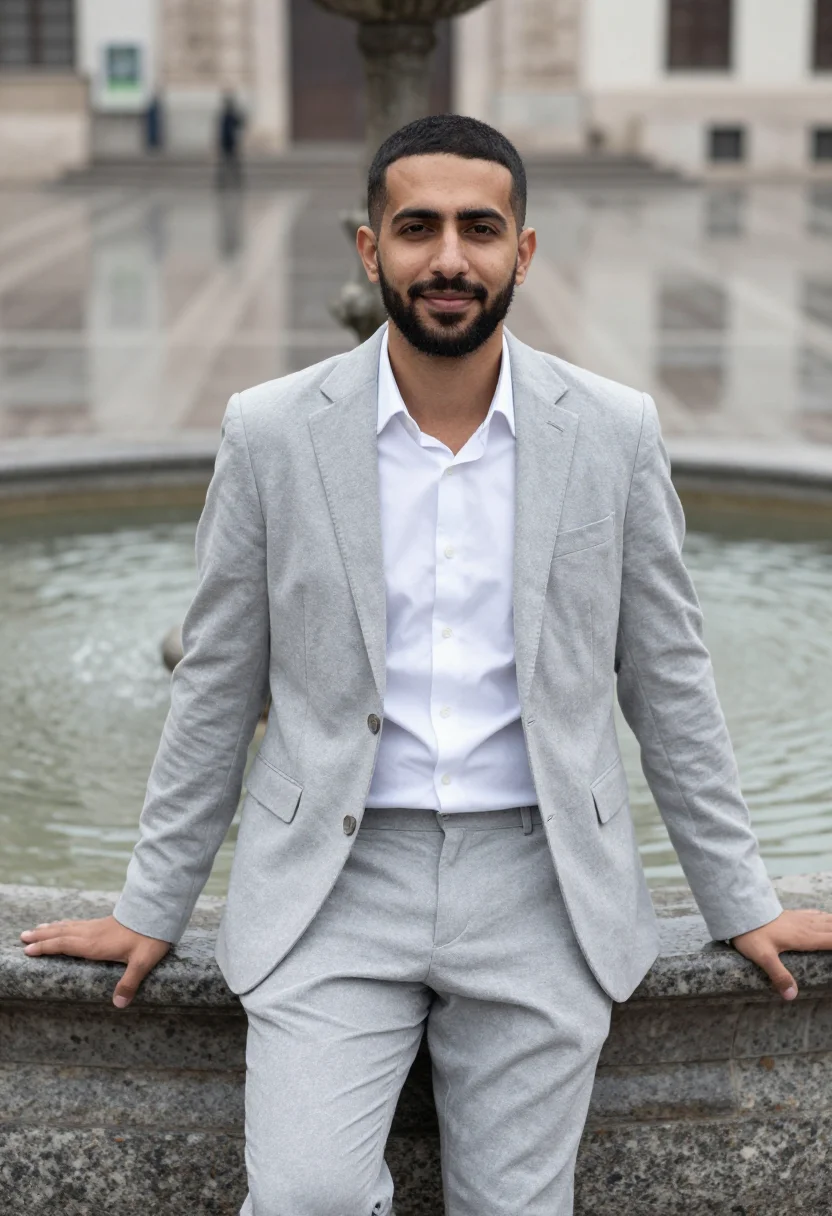AI light grey suit open collar spring profile sample — portrait of a man, framed half-length, cropped at the hips,