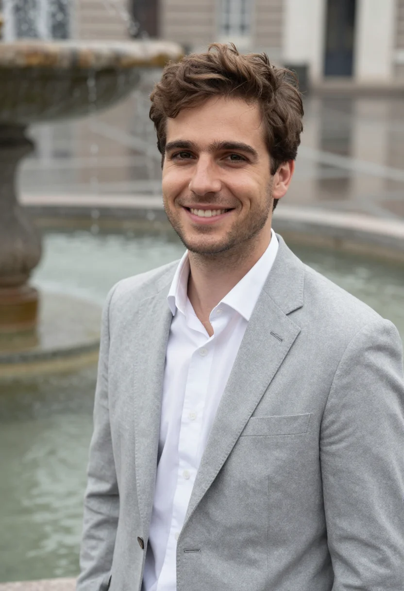 AI light grey suit open collar spring profile sample — portrait of a man, framed tight, head and shoulders, the bod