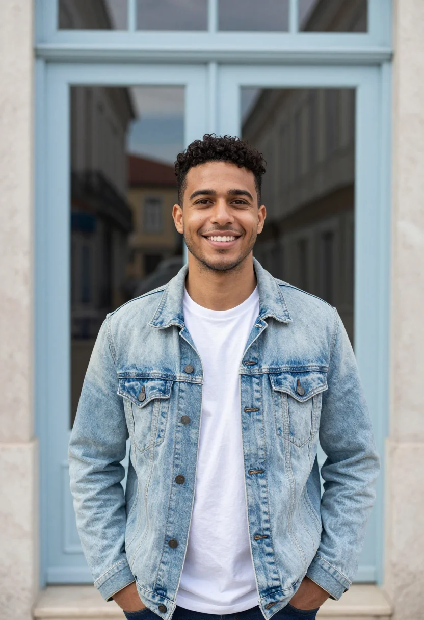 AI light wash denim jacket spring profile sample — portrait of a man, a Portuguese man with warm tan skin, brow