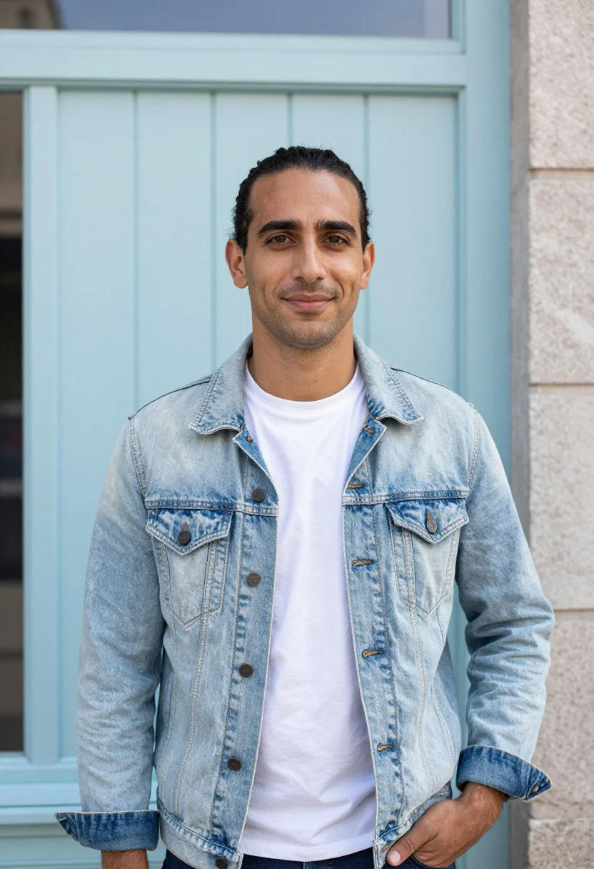 AI light wash denim jacket spring profile sample — portrait of a man, an Italian man with warm olive skin, brow