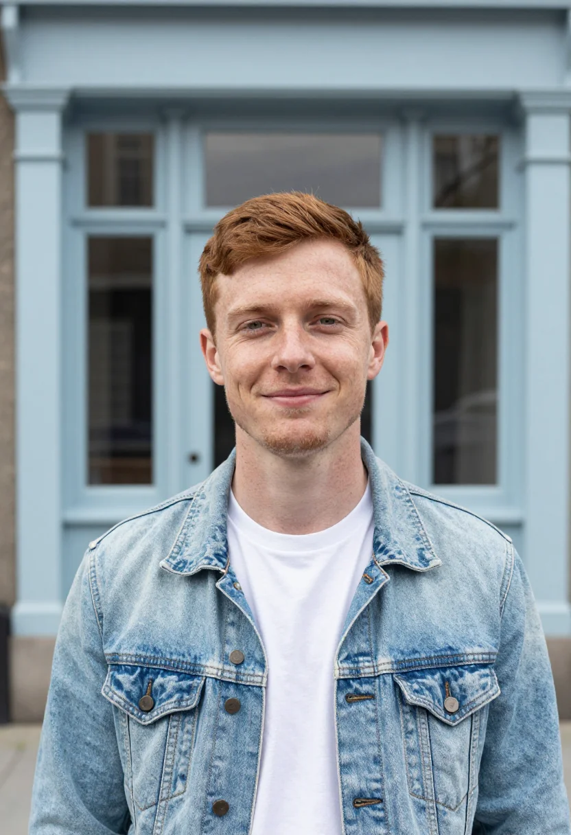 AI light wash denim jacket spring profile sample — portrait of a man, an Irish man with fair freckled skin, gre