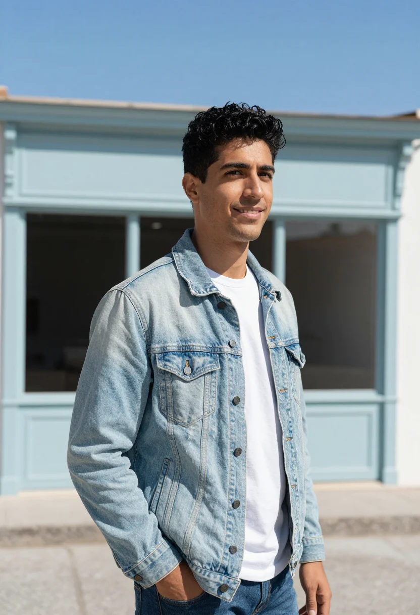 AI light wash denim jacket spring profile sample — portrait of a man, a Spanish man with golden olive skin, dar