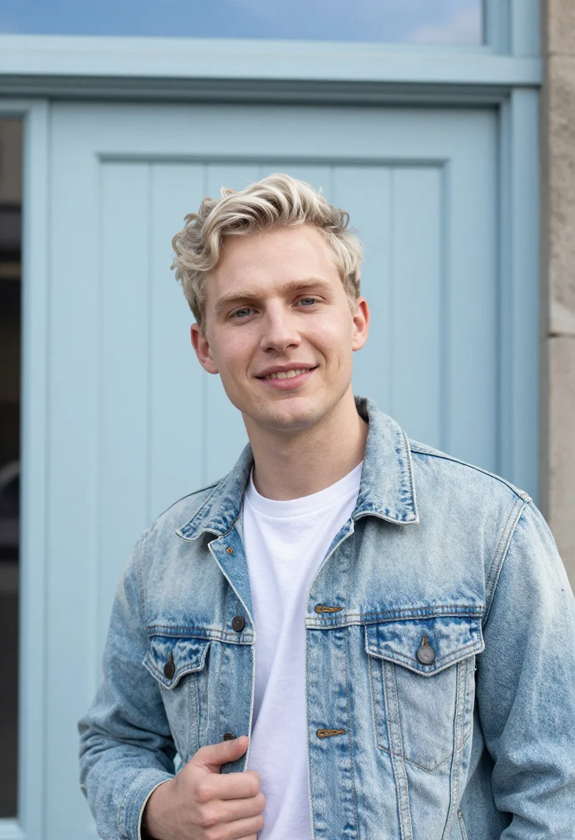 AI light wash denim jacket spring profile sample — portrait of a man, an English man with pale skin, blue eyes