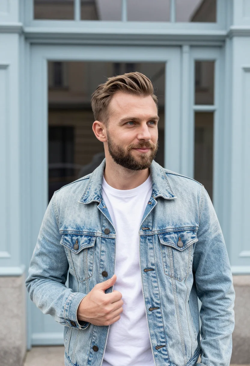 AI light wash denim jacket spring profile sample — portrait of a man, a German man with fair skin, blue eyes an