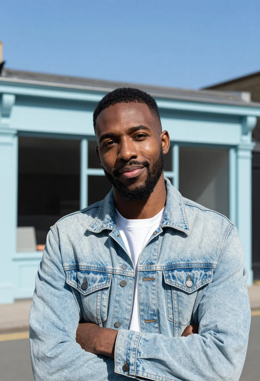 AI light wash denim jacket spring profile sample — portrait of a man, a Black British man with deep brown skin,